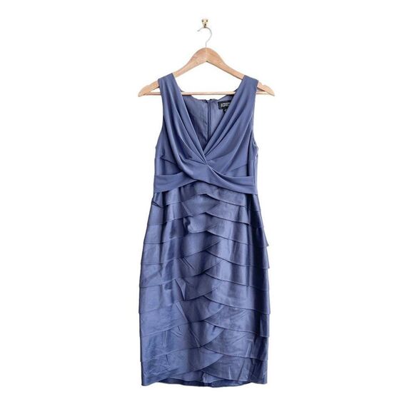 Adrianna Papell Tiered Cocktail Dress Back Zip Blue Lined Stretch Size 10 - Picture 1 of 9
